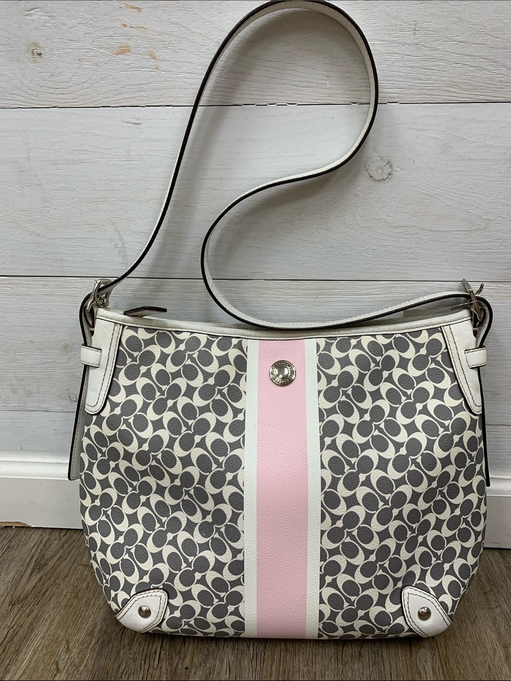 Coach Gray Signature Canvas Shoulder Bag with Pink Center Stripe